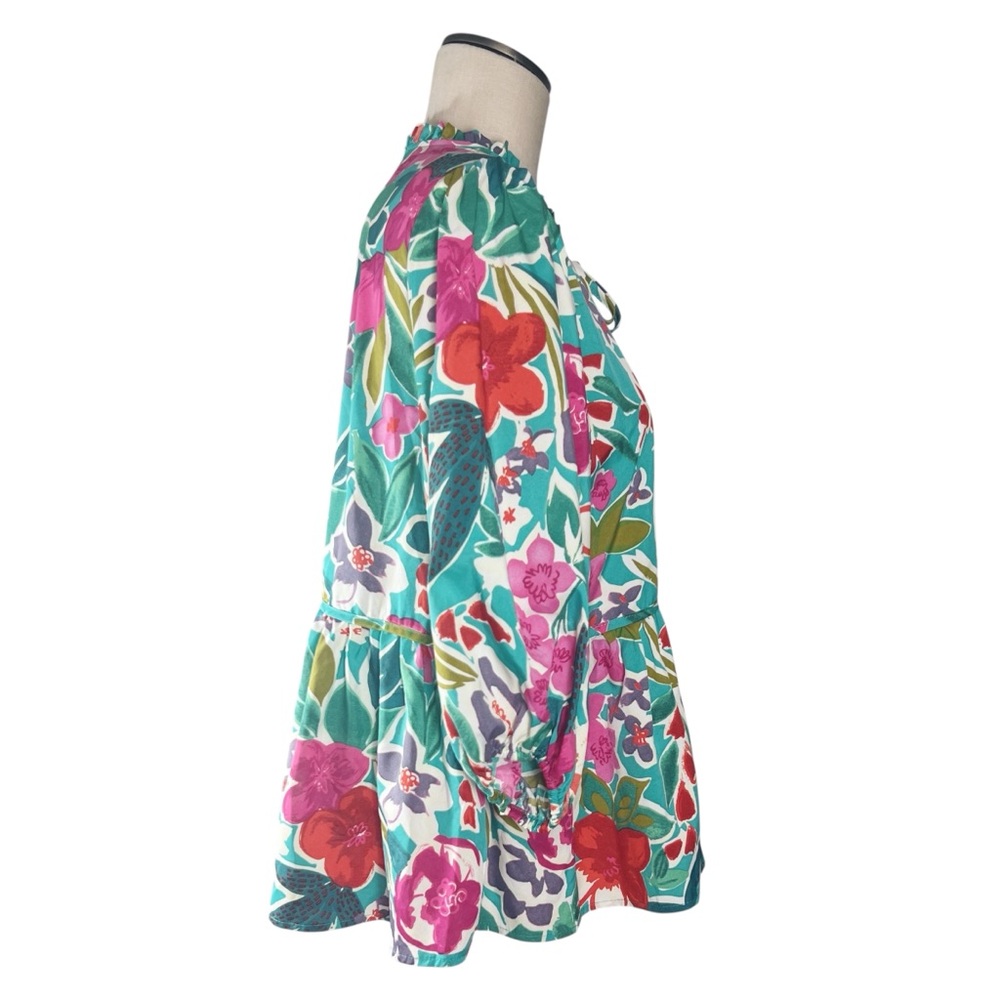 Umgee Multicolor Tropical Floral Peplum Blouse Sz M EUC Garden Party Resort - Picture 2 of 6